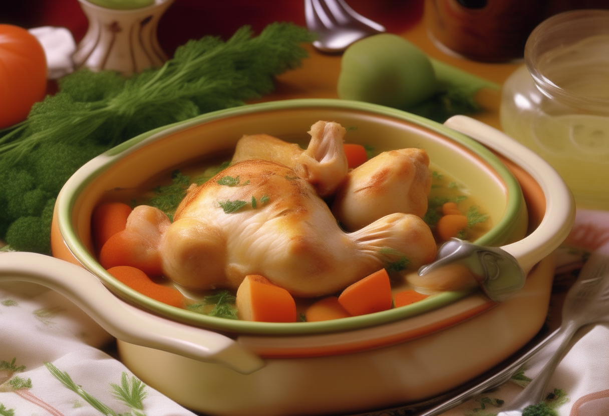 Chicken and Vegetable Stew elegantly presented, tender chicken nestled amidst carrots, potatoes and peas, aromatic steam carries slow-cooked essence, gingham-checkered tablecloth, vintage silverware and fresh thyme nod to tradition