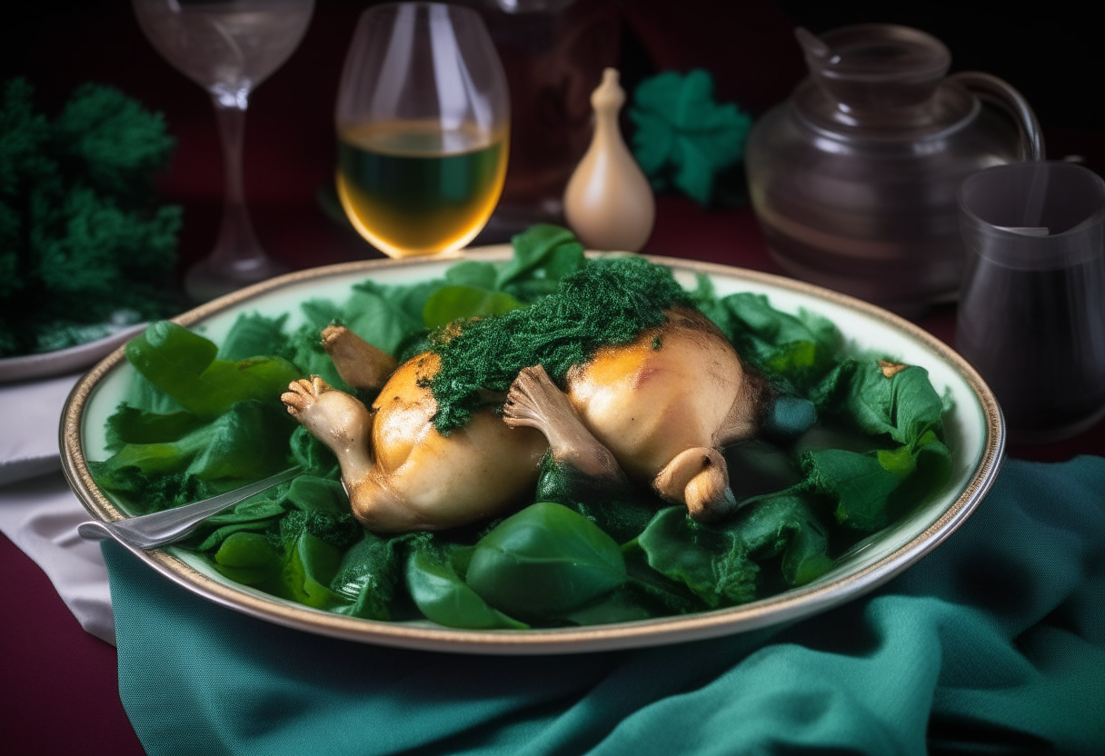 Crockpot Chicken and Spinach artfully presented, succulent chicken and vibrant green spinach leaves create visual symphony, savory aroma from slow-cooked plate, checkered tablecloth, vintage silverware and fresh thyme nod to tradition