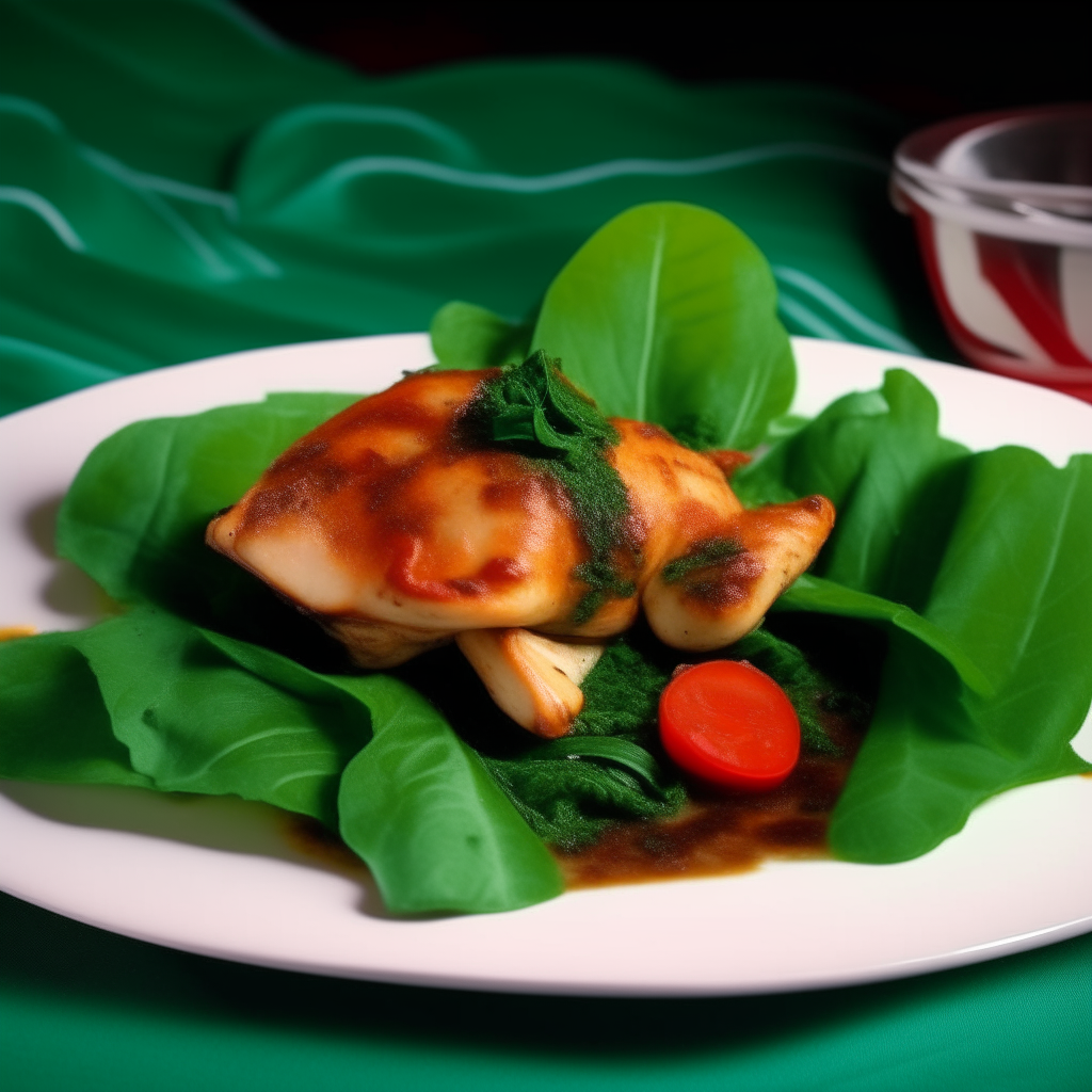 Crockpot chicken and spinach artfully presented on a white plate, succulent pieces of chicken and vibrant green spinach leaves create visual symphony, savory aroma from slow-cooked goodness, red and white checkered tablecloth background