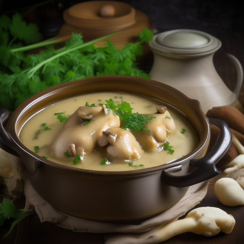 Chicken and Mushroom Gravy thoughtfully presented, tender chicken adorned with rich velvety gravy, aromatic steam carries essence of slow-cooked goodness, vintage silverware and parsley nod to tradition