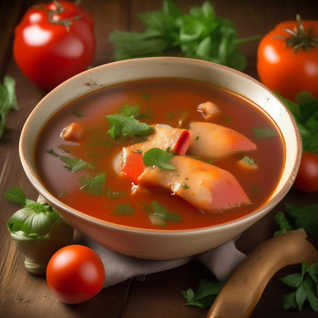 Chicken and Tomato Soup thoughtfully arranged, tender chicken, tomatoes and herbs create visual symphony, aromatic steam nods to tradition