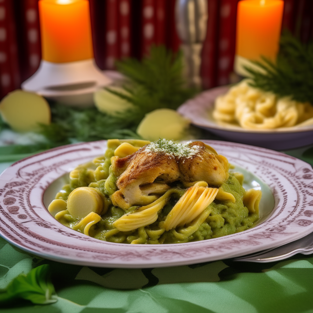 Chicken and pesto pasta lovingly plated, succulent chicken, pasta and green pesto create visual symphony, checkered tablecloth background