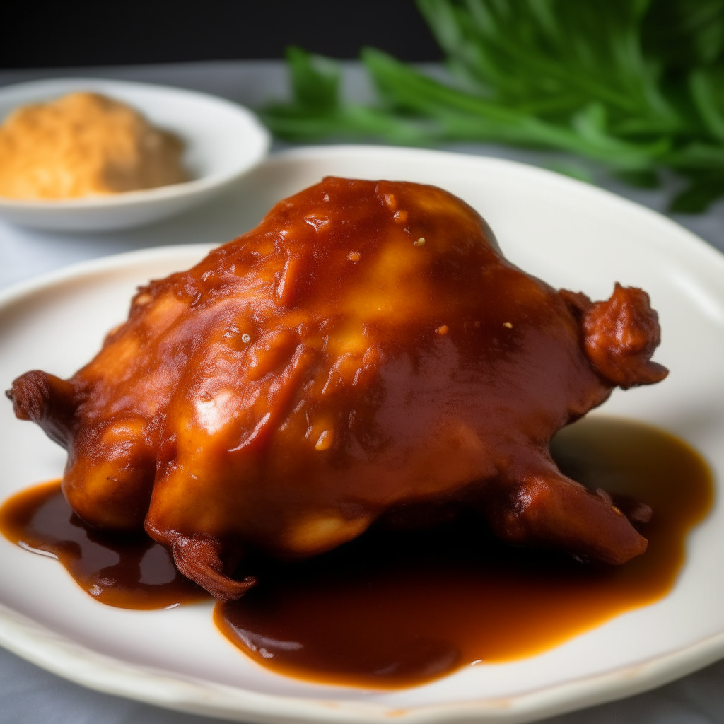 Chicken coated in smoky BBQ sauce on a white plate, tender chicken lovingly slow-cooked, rich glaze glistens, checkered tablecloth background