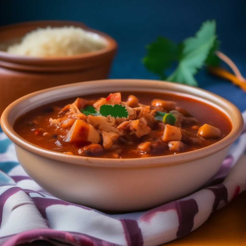 Chicken and Chipotle Chili in an earthenware bowl, tender chicken in rich smoky chili broth, checkered tablecloth background