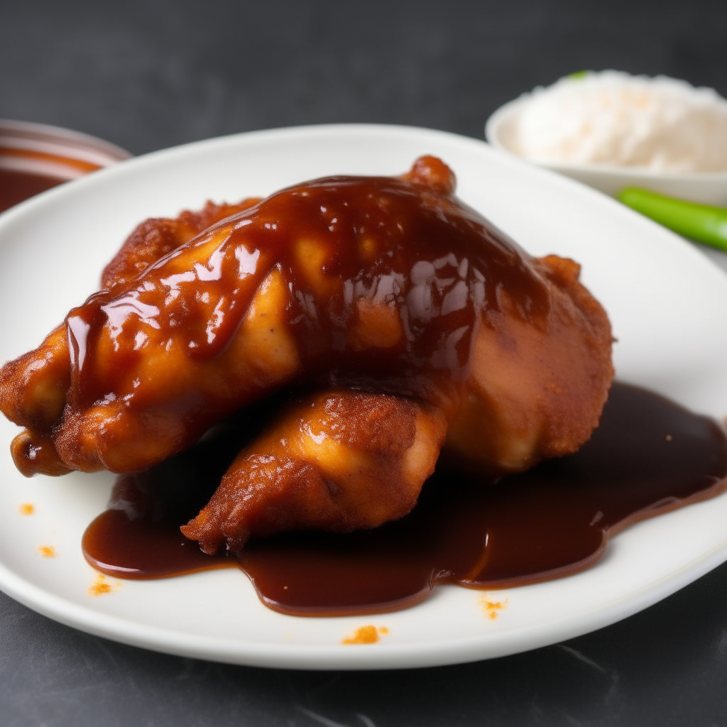 Tender chicken coated in rich smoky barbecue sauce on a white plate