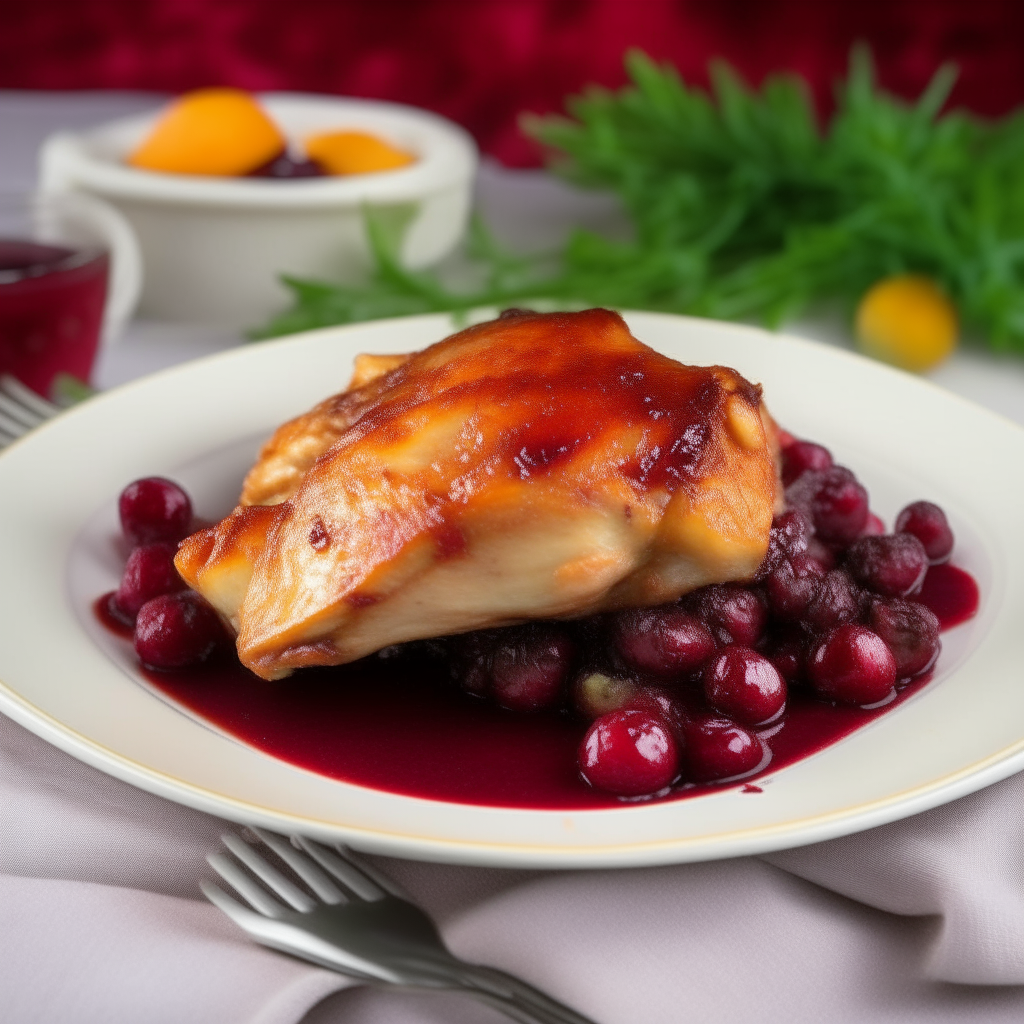 Tender chicken with vibrant cranberry sauce on a white plate, checkered tablecloth background