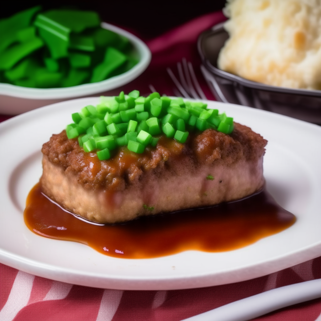 Beef meatloaf with mashed potatoes and green beans on a white plate, checkered tablecloth background