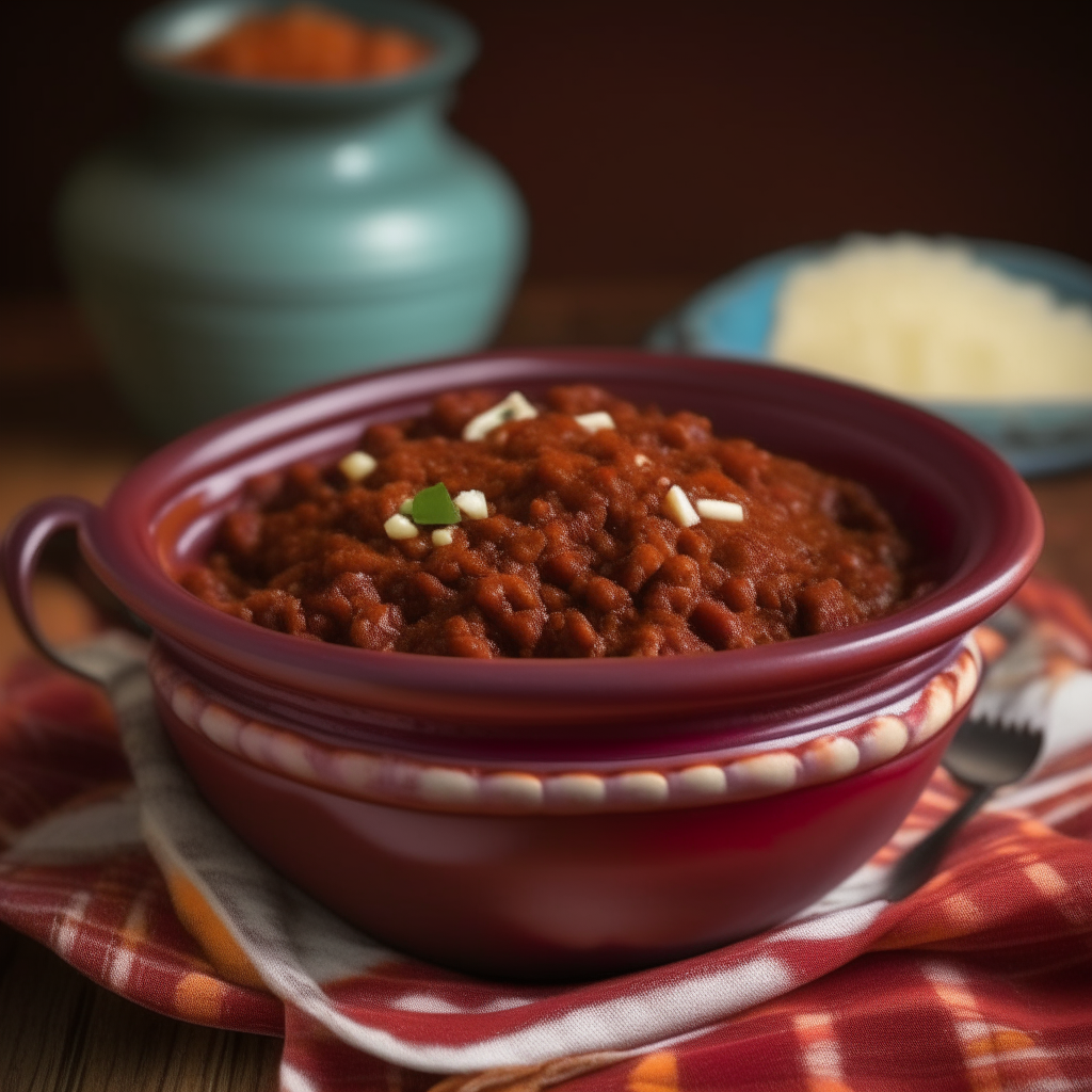 Beef chili with kidney beans in ceramic bowl, checkered tablecloth background