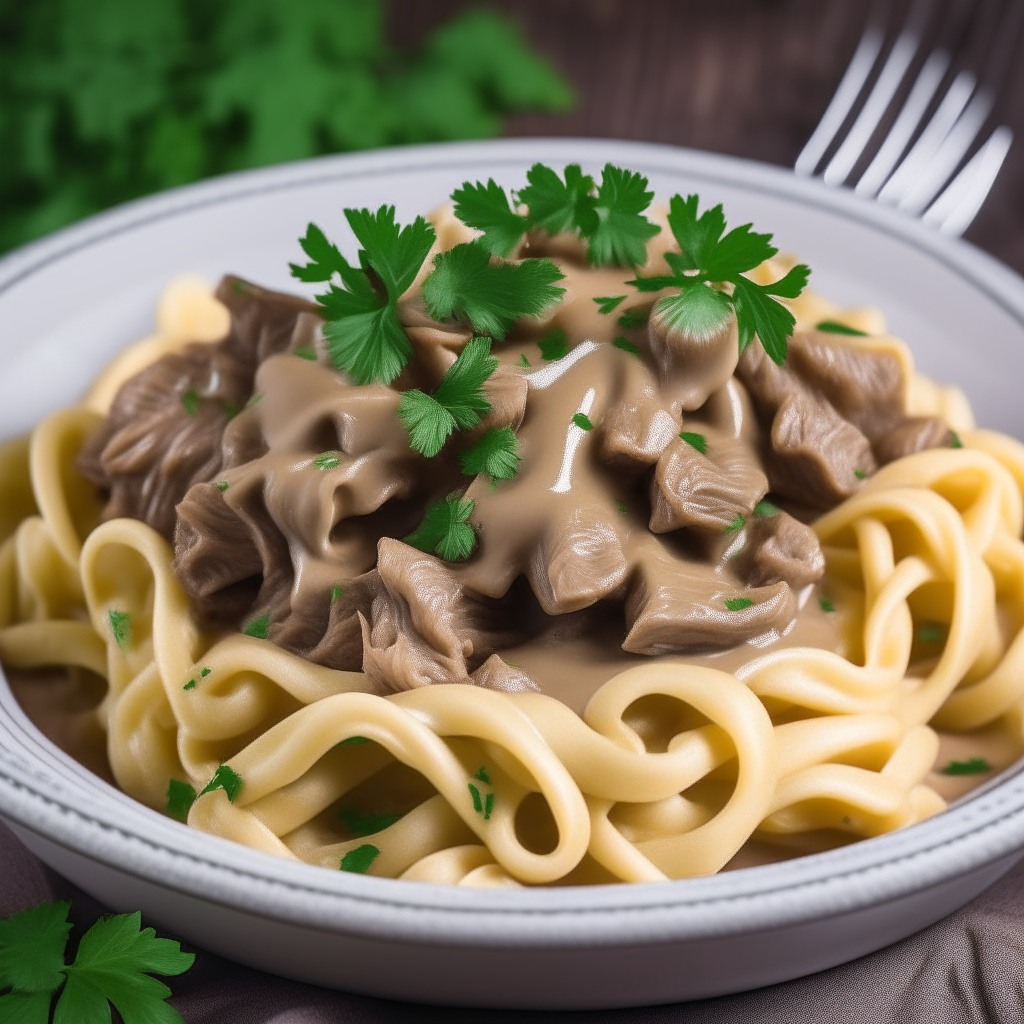 Beef stroganoff elegantly presented, tender beef strips atop egg noodles in creamy sauce, garnished with parsley