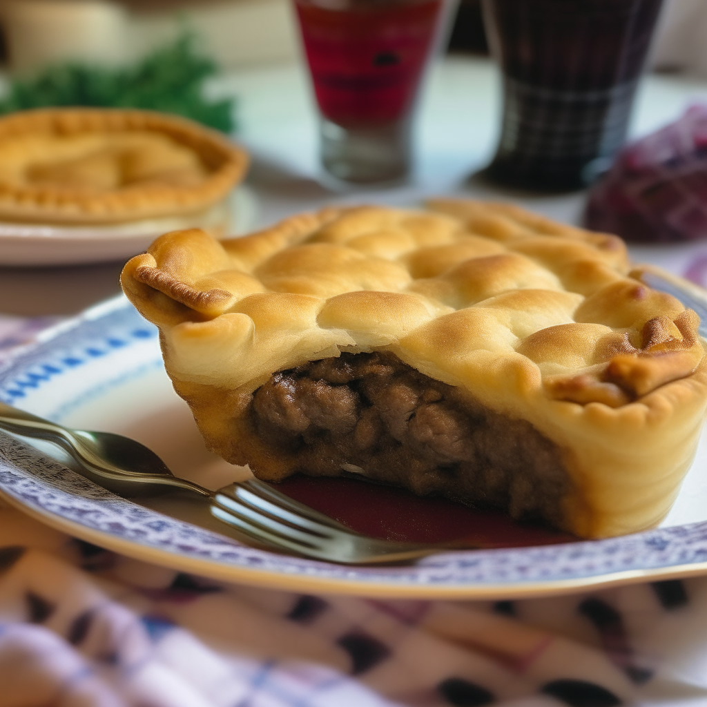 Beef pot pie with flaky golden crust on a plate, checkered tablecloth in background