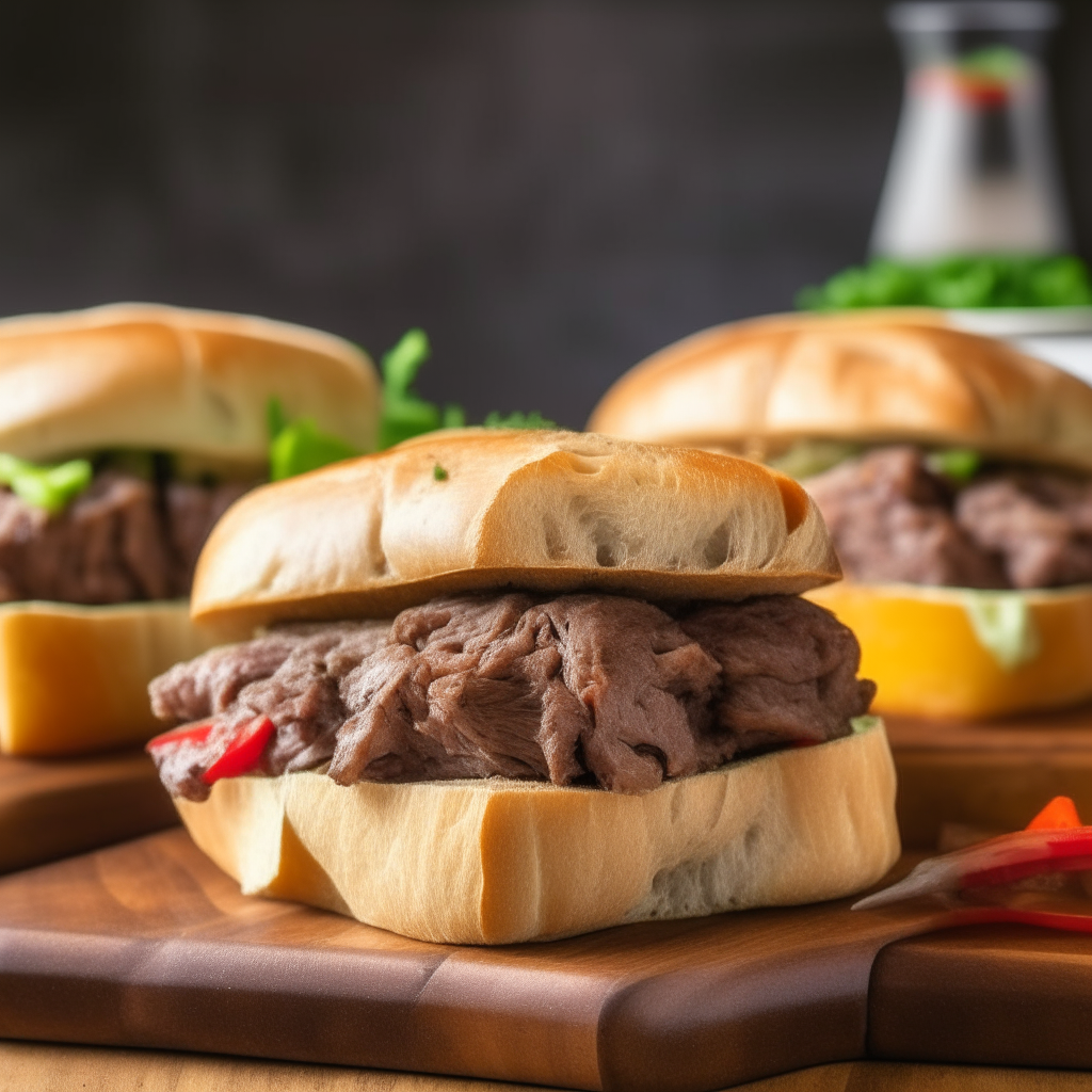 Italian beef sandwiches on a wooden board, tender beef piled high on rolls, checkered tablecloth background