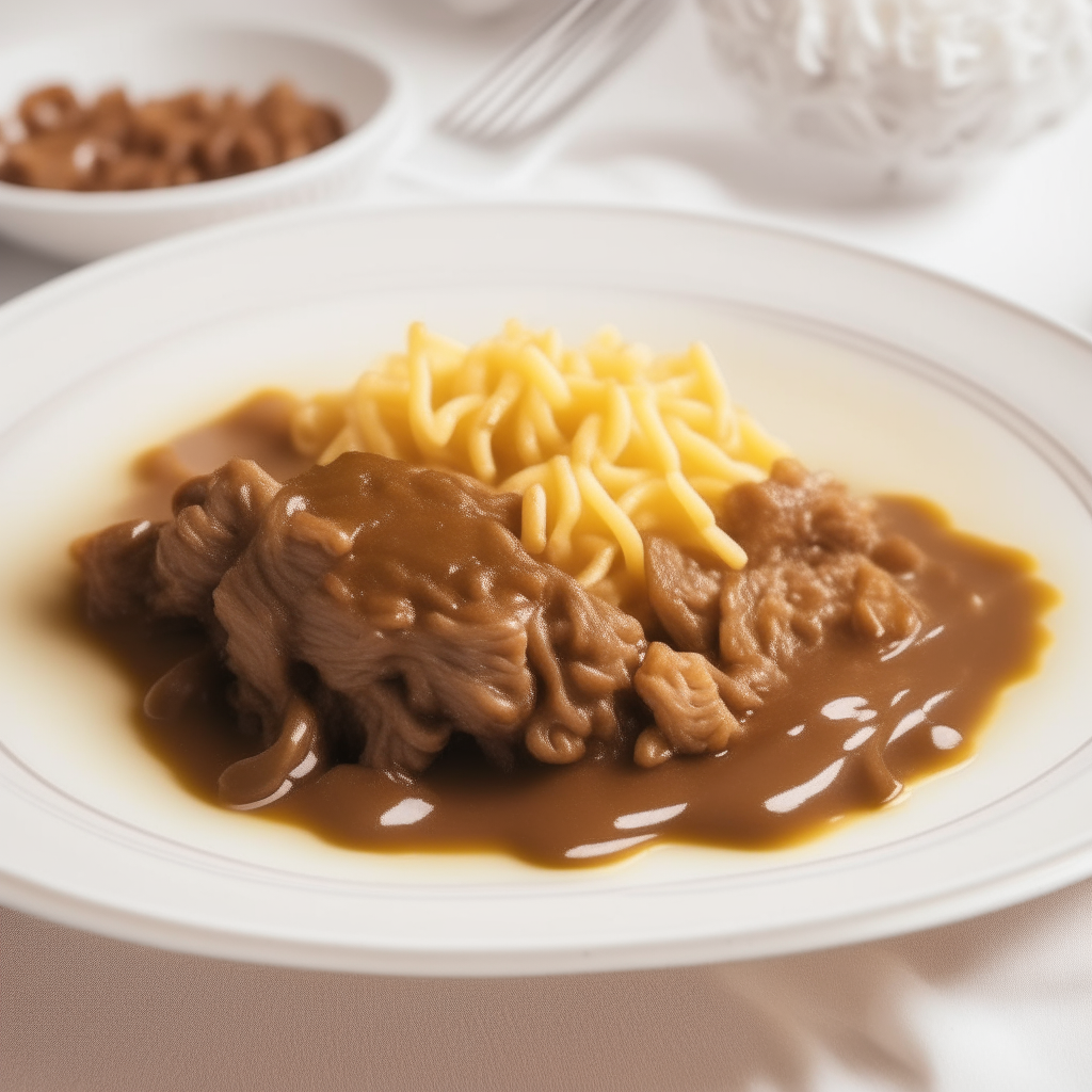 Tender beef and thick egg noodles on a white plate, checkered tablecloth background