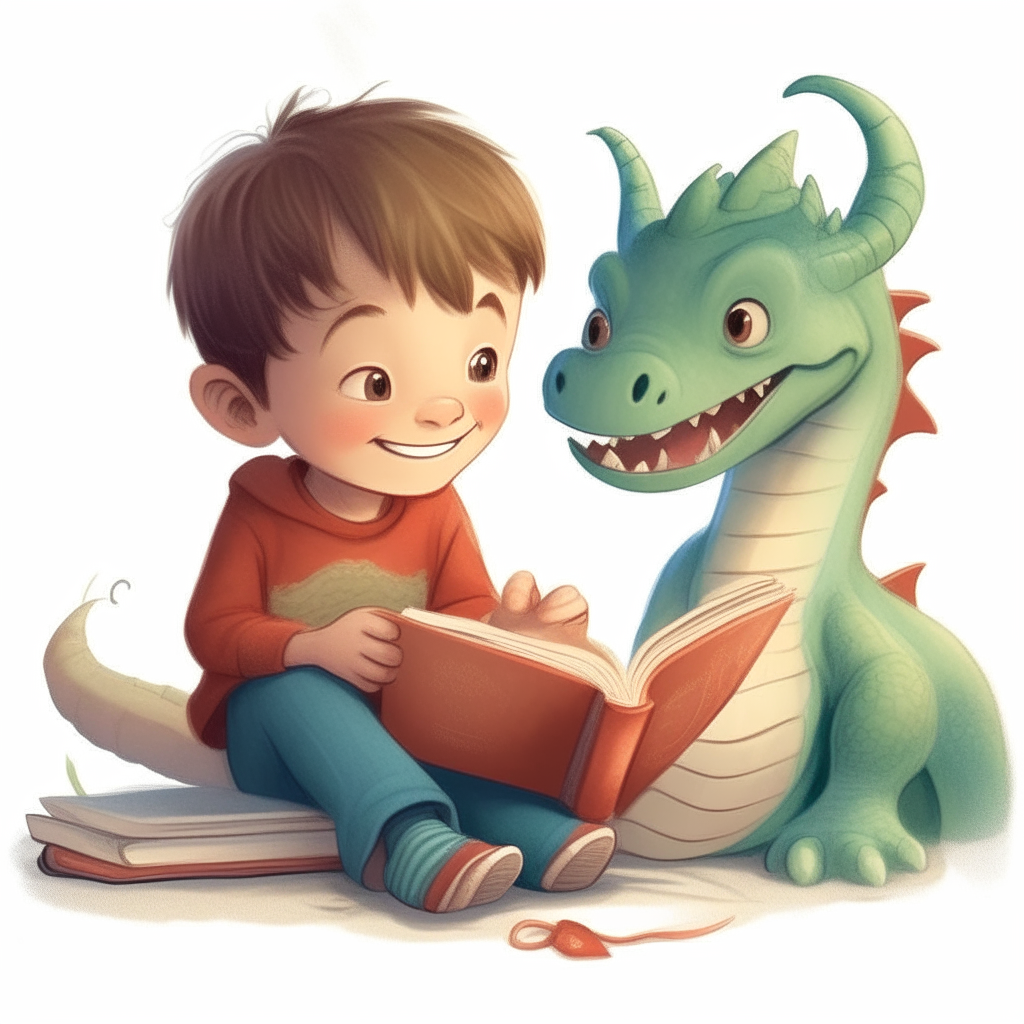 A cute little dragon sits next to a smiling young boy, both engrossed in an oversized storybook.