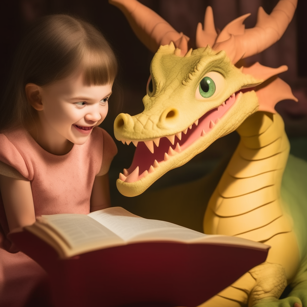 A dragon gently reading a storybook to a smiling child