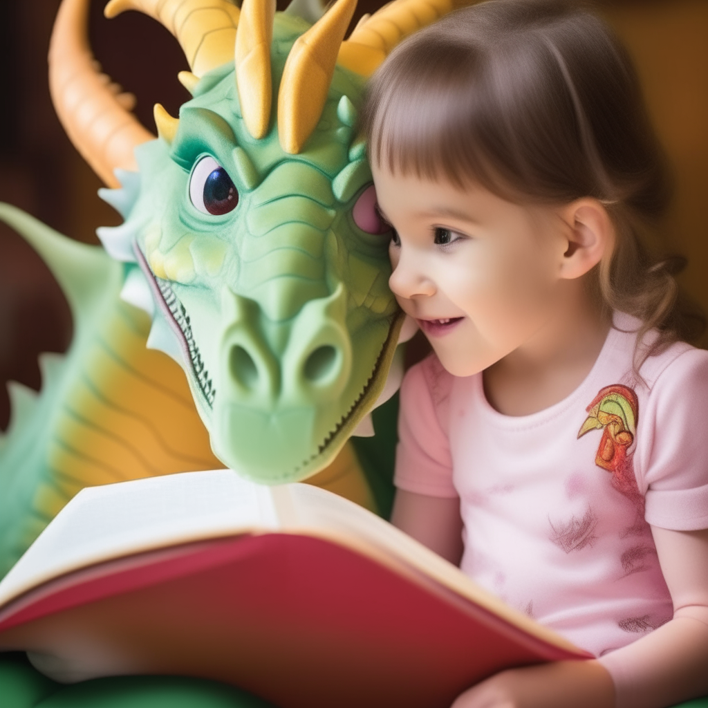 A dragon and a child looking at a picture book together, bringing smiles to both
