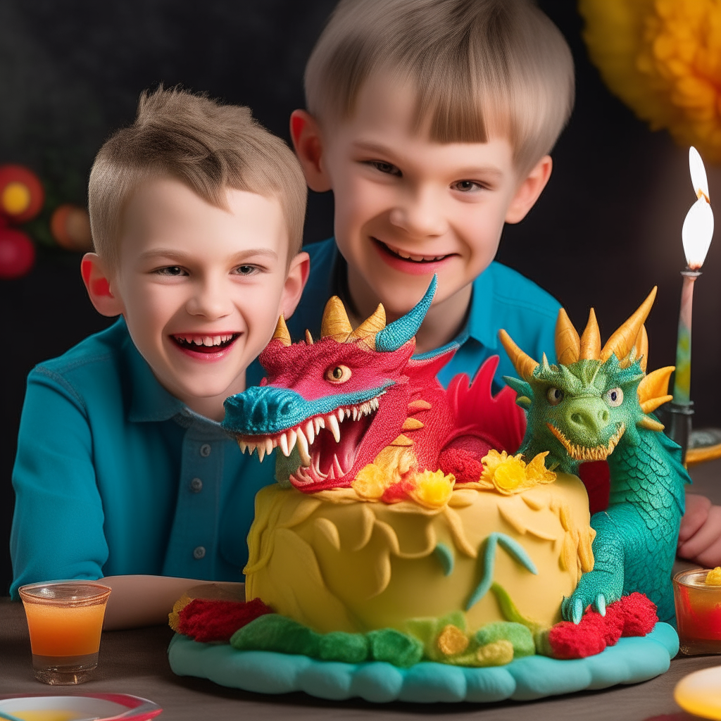 A young boy and a friendly dragon smiling while sharing a large birthday cake. The cake is decorated with colorful frosting flowers and candles.