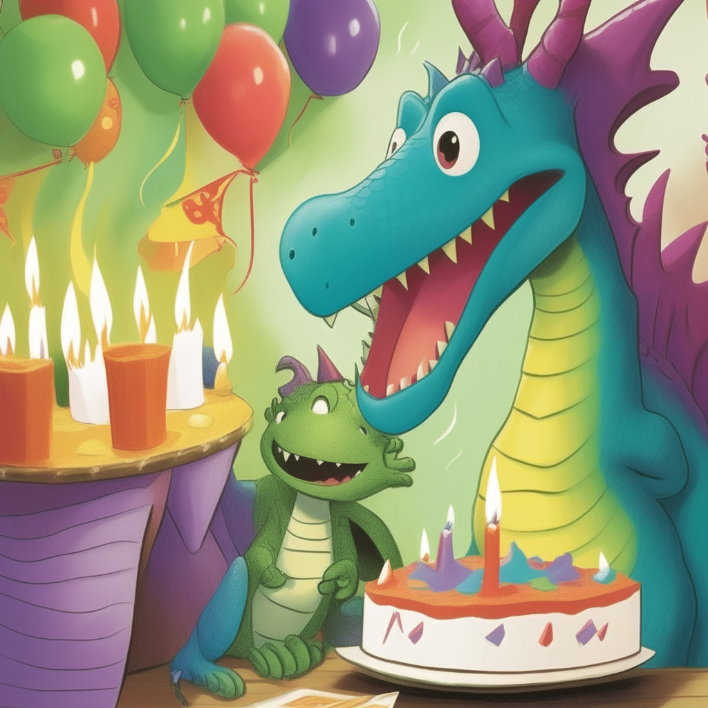 A smiling dragon in a party hat watches happily as a giggling child blows out the candles on their birthday cake. Balloons and streamers fill the bright room.
