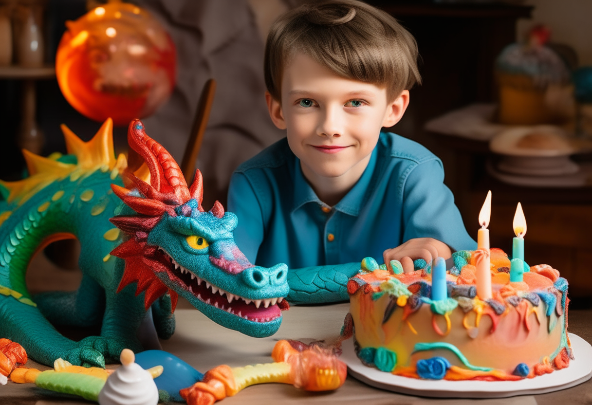 A young boy sitting at a table with a dragon. In front of them is a large birthday cake with colorful icing and candles.