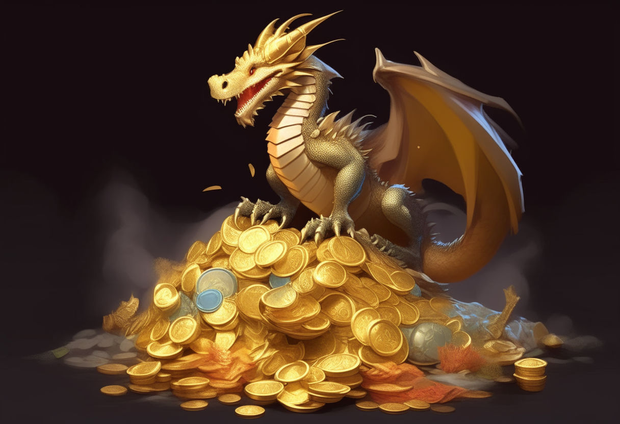 A dragon sitting on a pile of gold coins. It is holding a bag of coins in its claws and pouring more coins out to add to the pile.