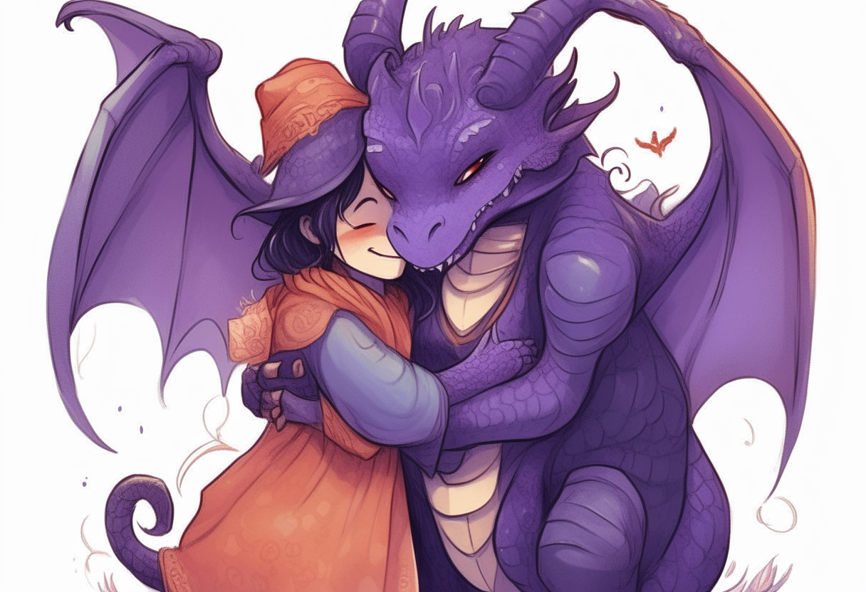 A purple dragon and a witch smiling and hugging. The dragon has its wings wrapped gently around the witch in a caring embrace.