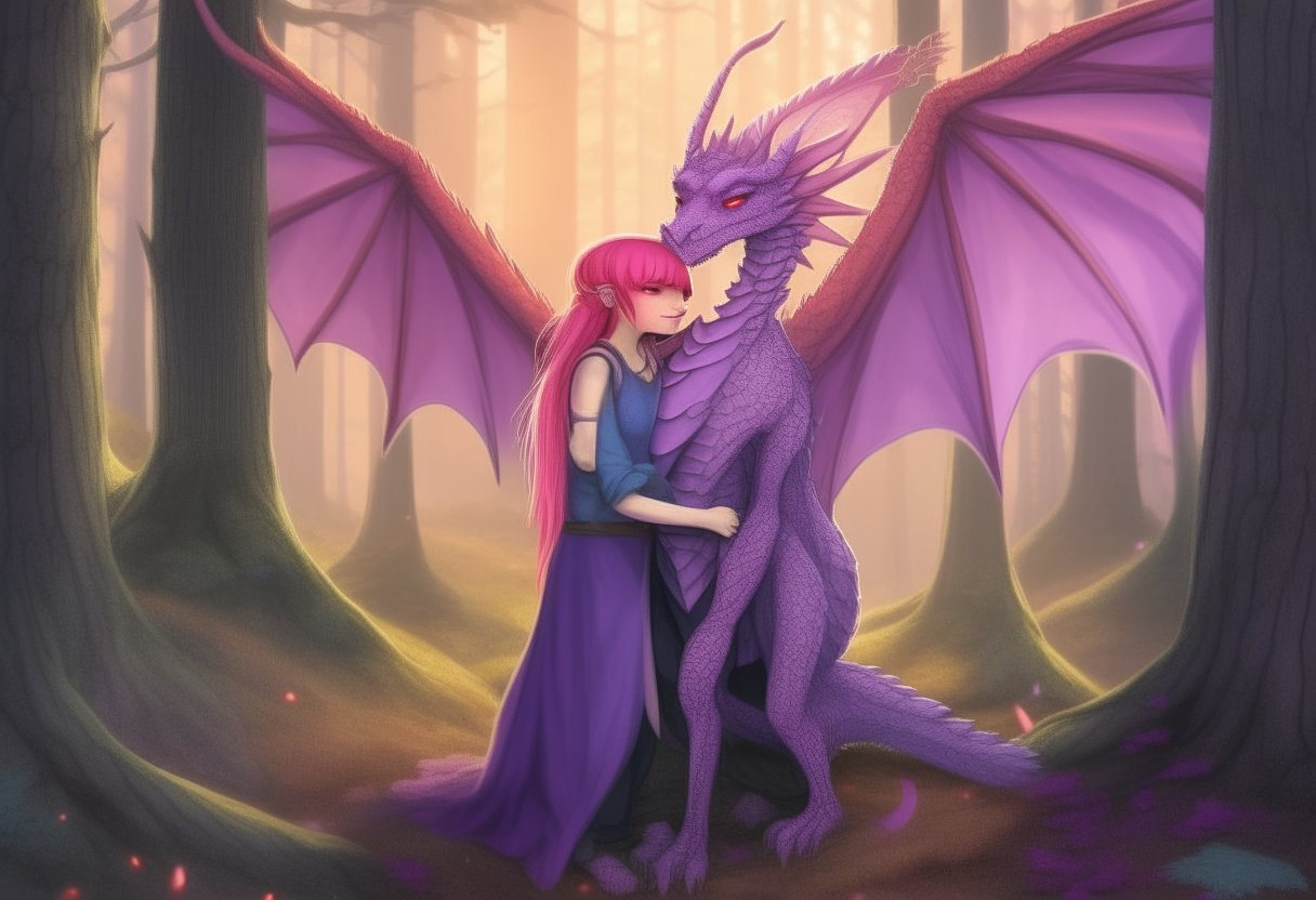 A purple dragon and pink-haired witch standing in a forest clearing embracing in a warm hug. The dragon's wings wrap gently around the witch as they smile at each other.
