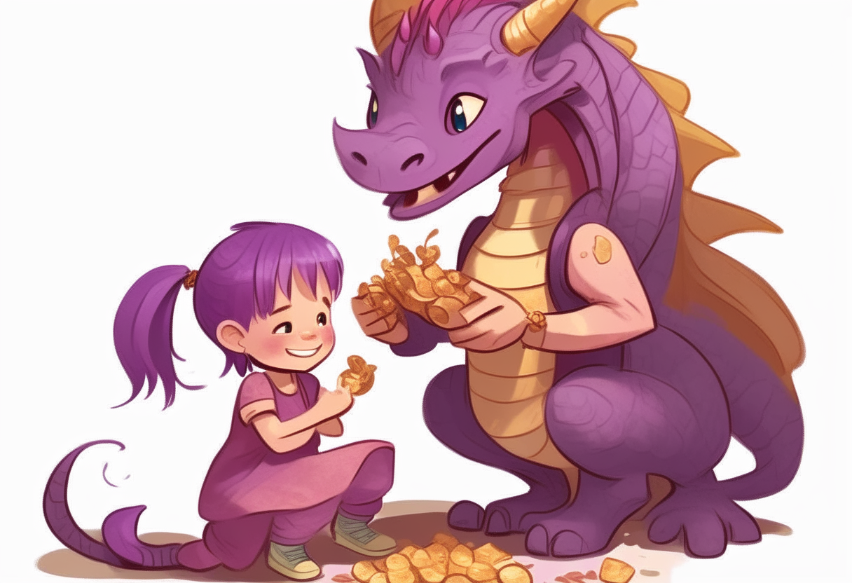 A purple dragon kneeling on the ground, holding out a bag of gold coins to a smiling little girl with pink hair. The girl has her hands clasped in front of her, excited to receive the gift.