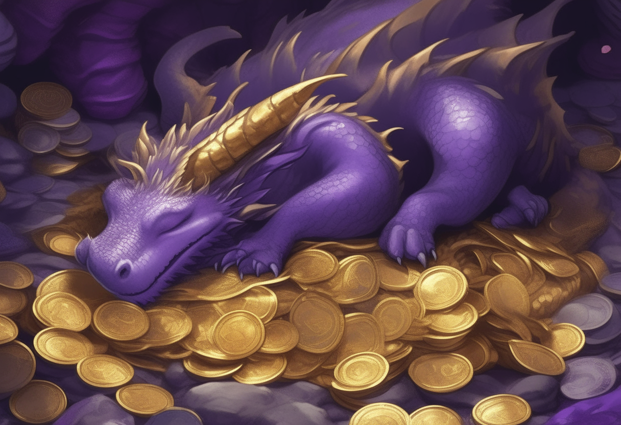 A large purple dragon is sound asleep on a bed of gold and silver coins. Coins are scattered all around its curled body as it slumbers peacefully.
