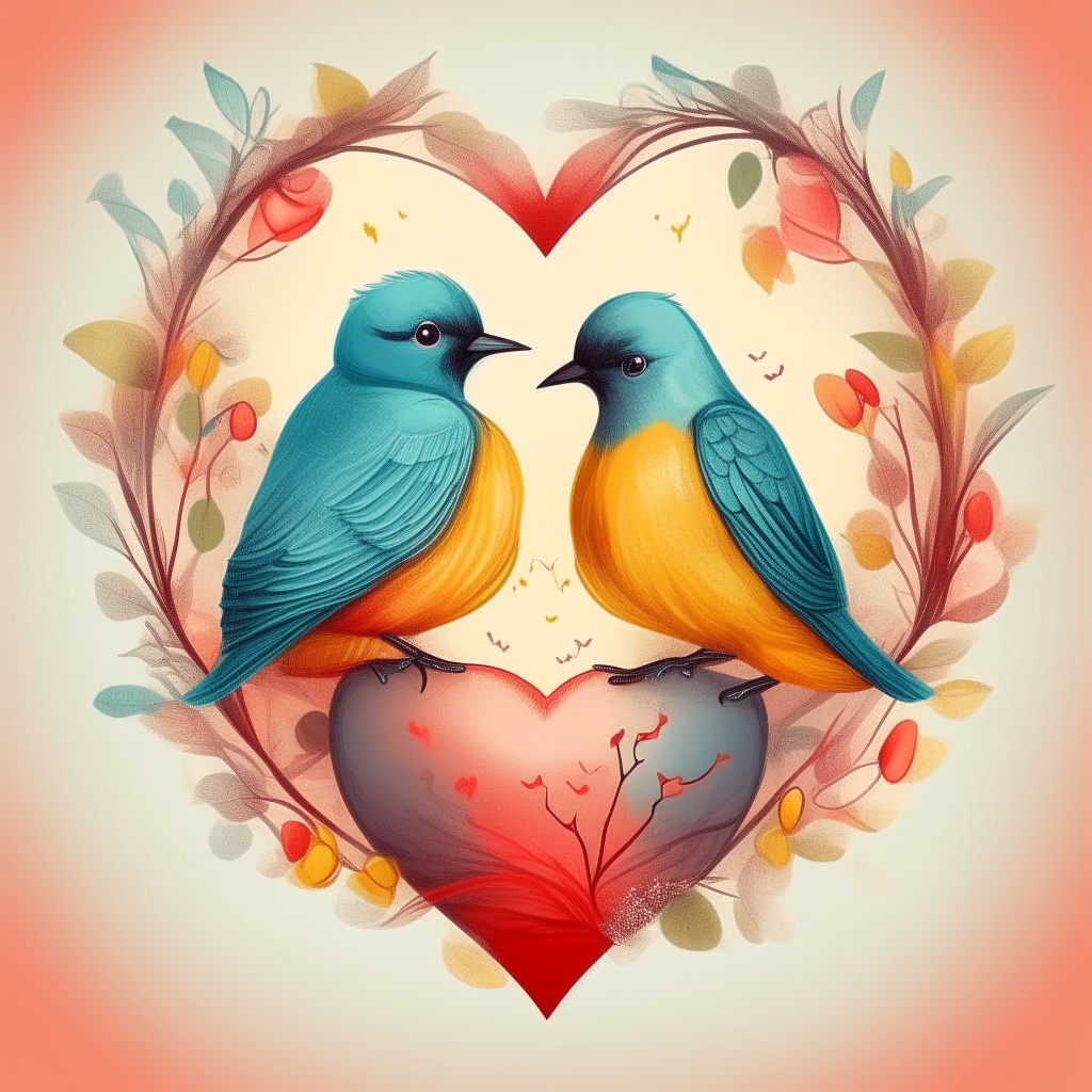 Two beautiful birds inside a heart