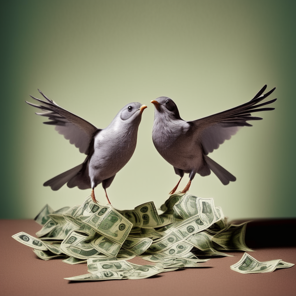 Two birds carrying a lot of money