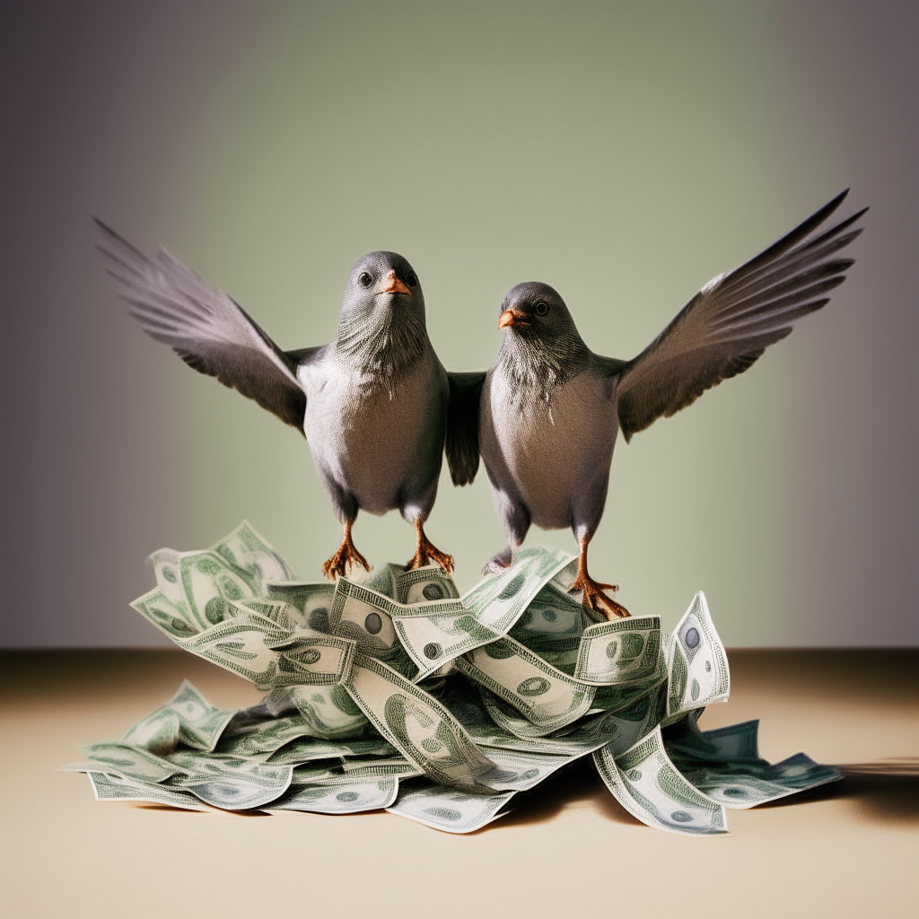 Two birds carrying a lot of money