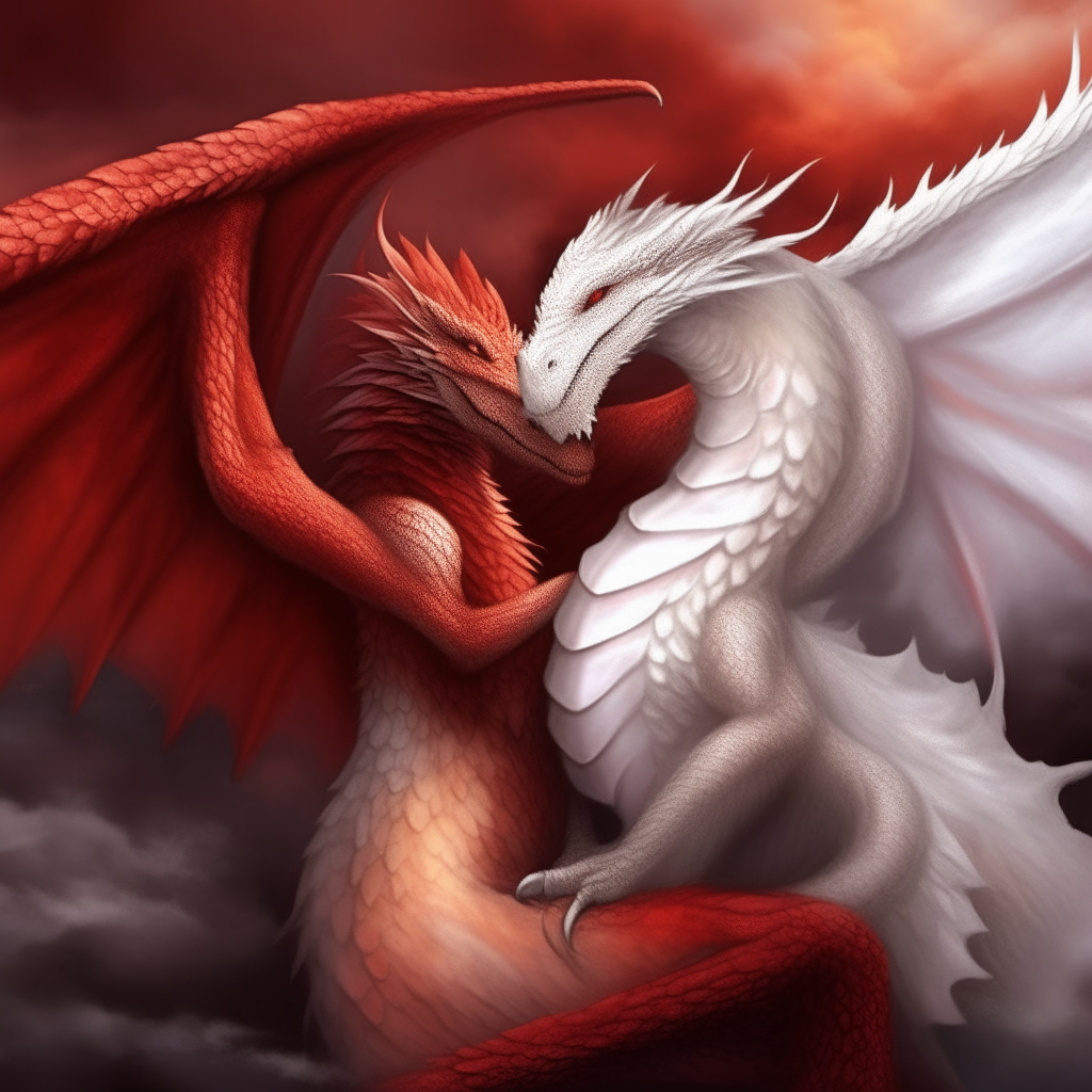 A majestic dragon with red scales embraces a beautiful angel with white feathered wings, against a backdrop of clouds