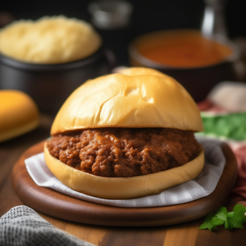 Sloppy Joes on buns, hearty beef sauce on wooden board, checkered tablecloth background