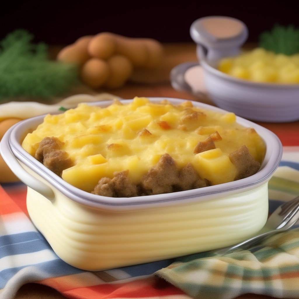 Beef potato casserole in ceramic dish, checkered tablecloth background