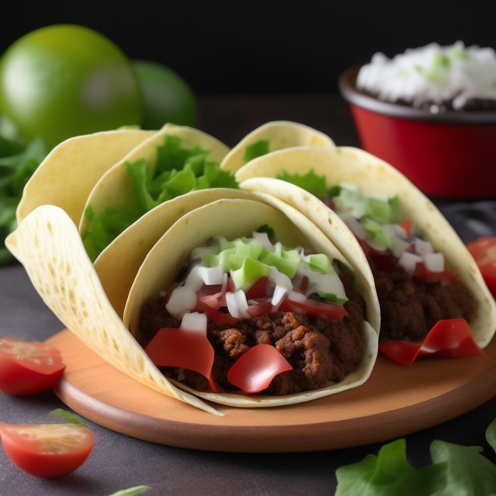 Beef and black bean tacos artfully arranged, soft tortillas with seasoned beef, black beans, tomatoes, lettuce and cheese