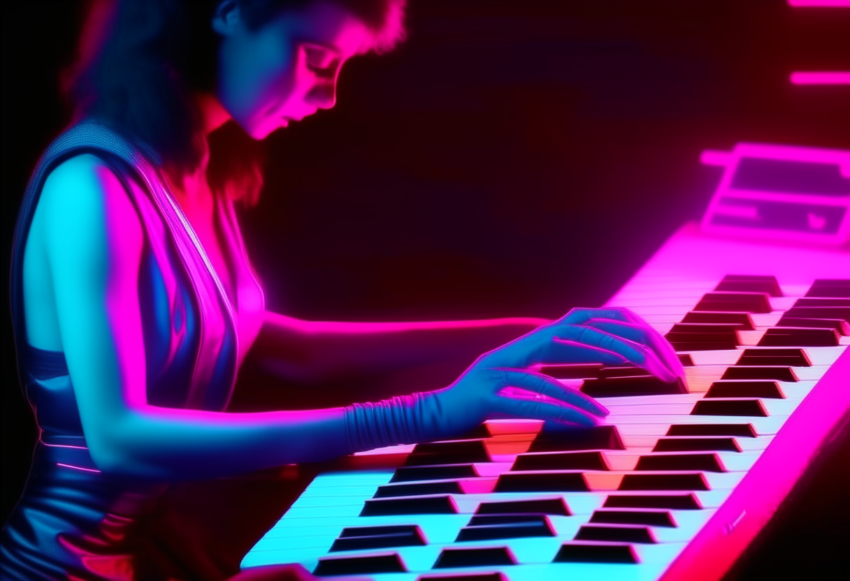 1980s keyboard player music video with neon colors futuristic