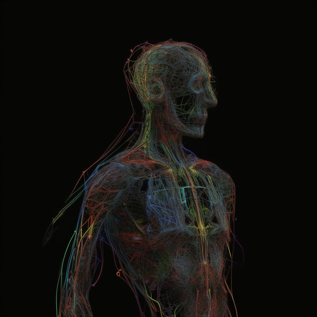 A robotic figure made of multicolored pulsating neural network lines on a black background