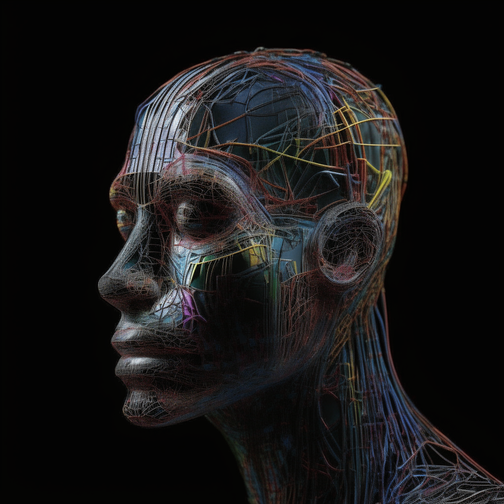 A closeup of the robotic figure's head, made of multicolored pulsating neural network lines on a black background