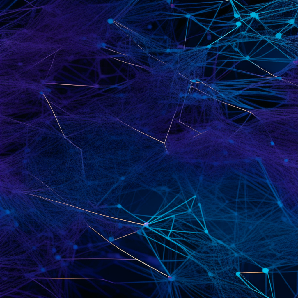 A purple and blue abstract pattern of connected lines resembling a neural network structure