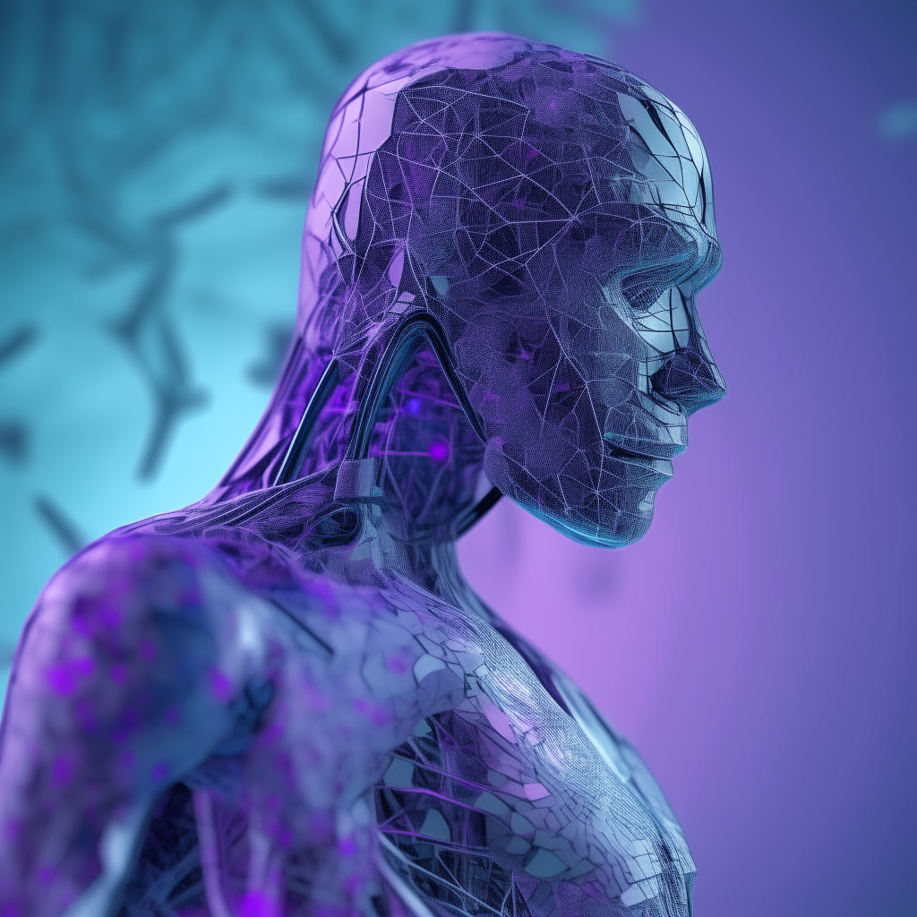 A robotic figure with a purple and blue abstract neural network pattern texture