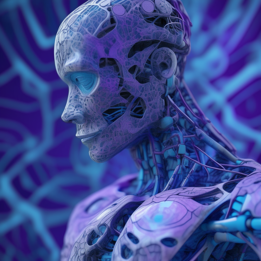 A highly detailed robotic figure with intricate purple and blue abstract neural network pattern texture