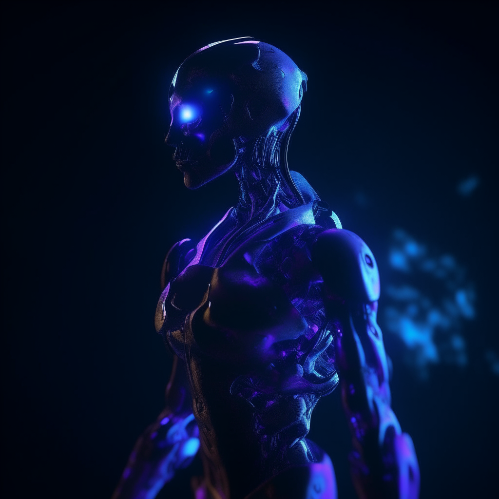 A robotic figure in dark lighting conditions, illuminated by a purple and blue abstract neural glow