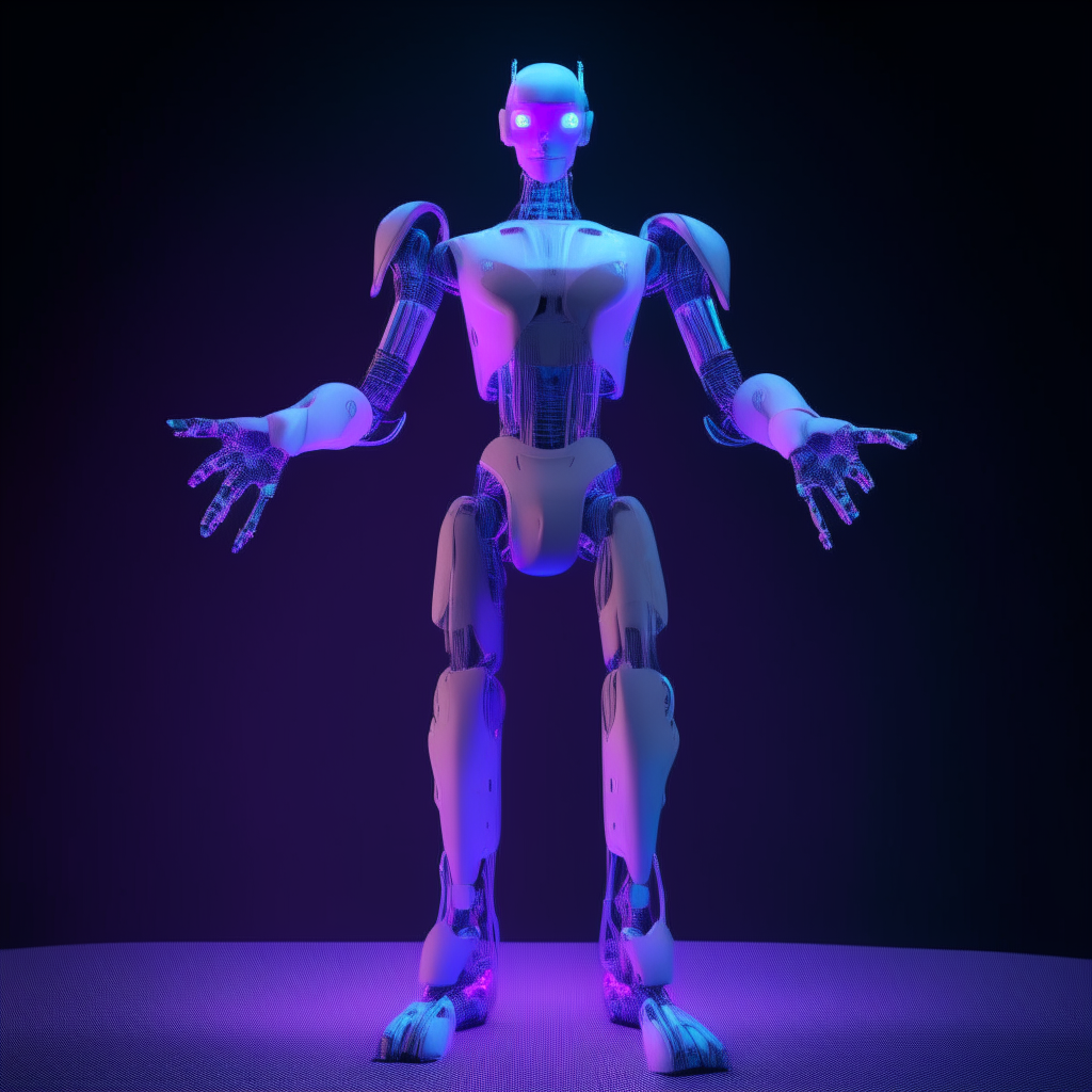 A robotic figure standing with arms outstretched, illuminated by a soft purple and blue glow