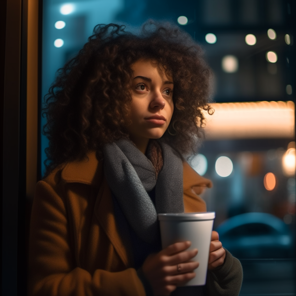 A young woman with curly hair and a scarf stands in front of a coffee shop window at night. City lights illuminate her face as she holds a takeaway coffee cup.