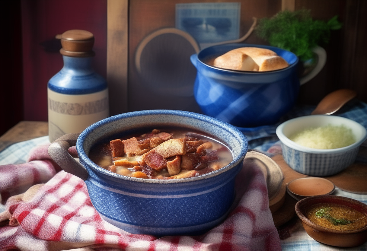 a rustic American kitchen with a bowl of steaming hot pork and bean soup, red white and blue backdrop, checkered tablecloth, golden brown cornbread, parsley and bacon bits