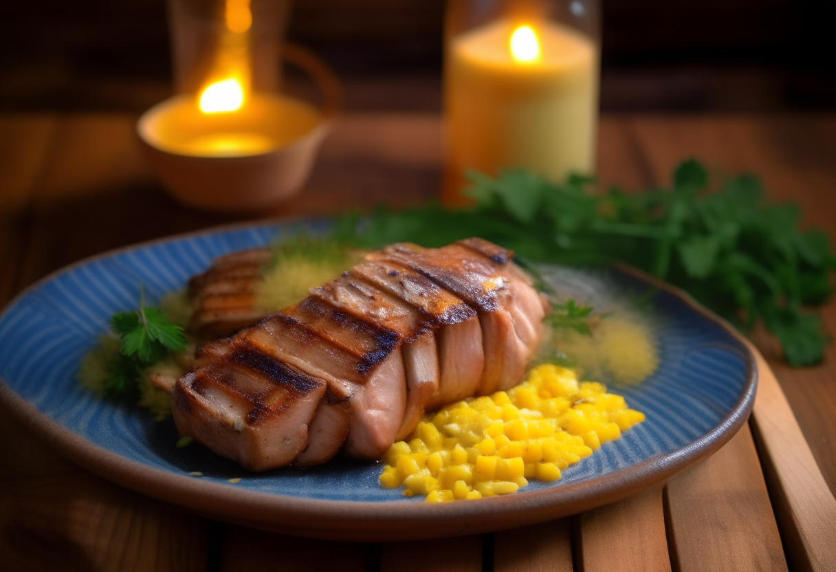 A plate with tender pork and sweet corn glistening with butter on a rustic wooden table, red white and blue backdrop, sprinkled with parsley and drizzled with honey