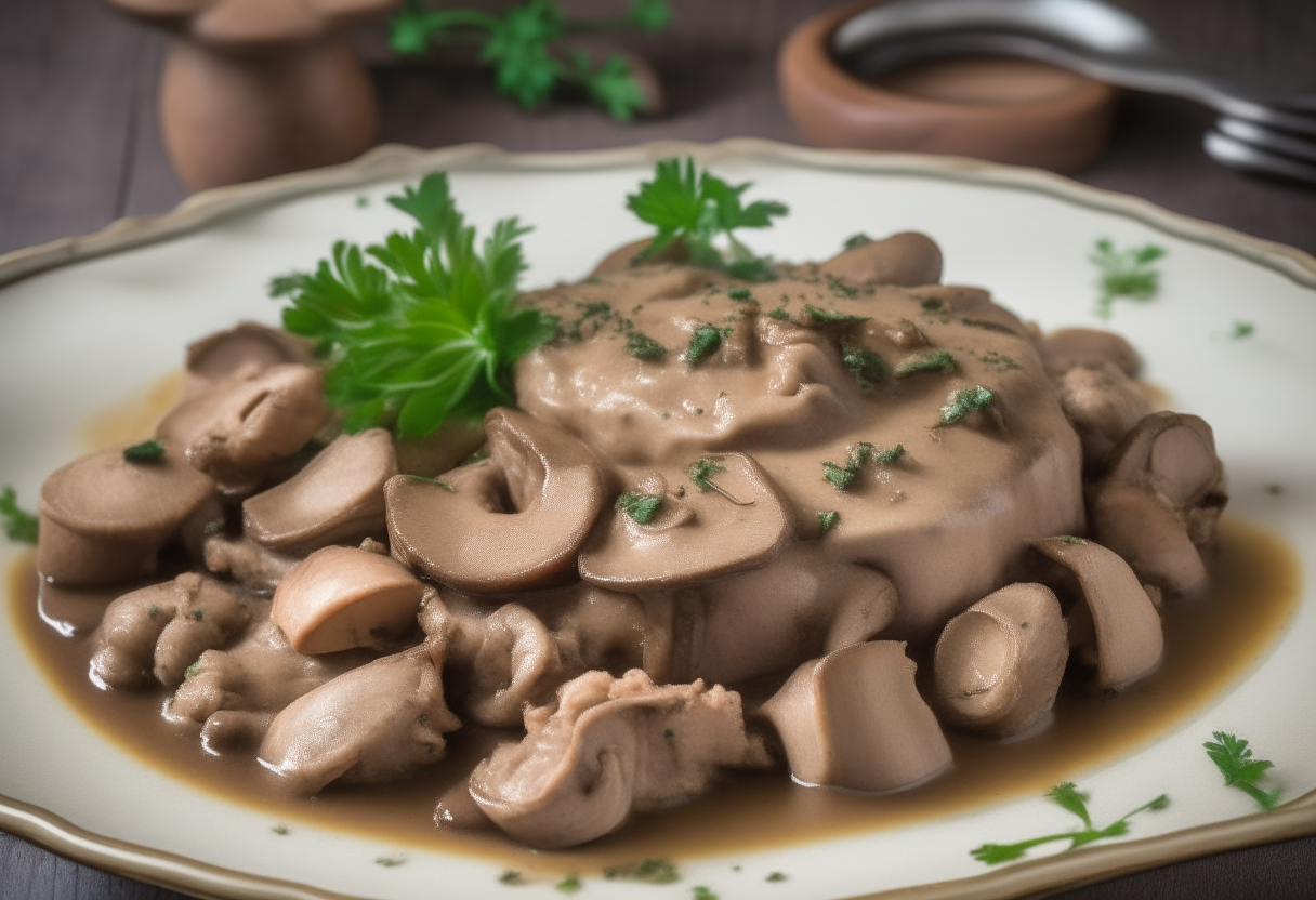 Tender pork slices bathed in luxurious mushroom gravy on a plate, evoking family traditions and heritage