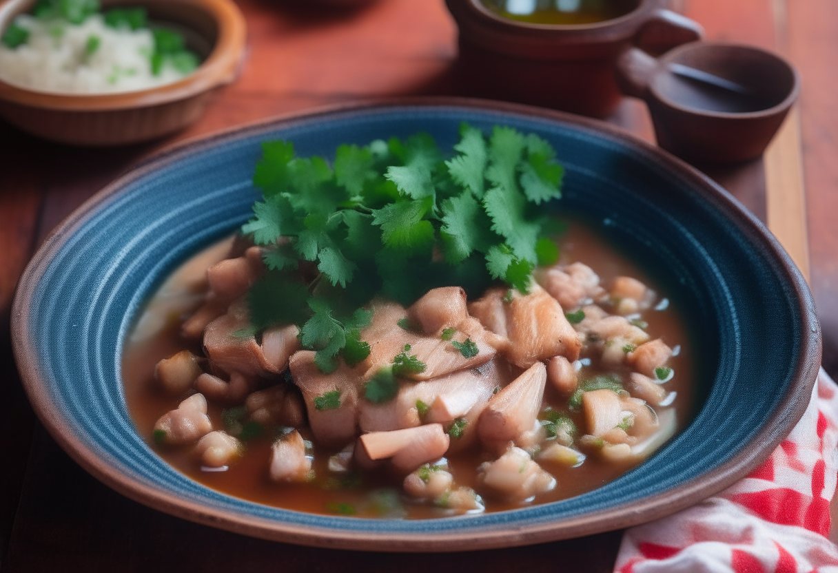 A rustic American plate with tender pork, hominy and cilantro in broth, red white and blue backdrop and wooden table