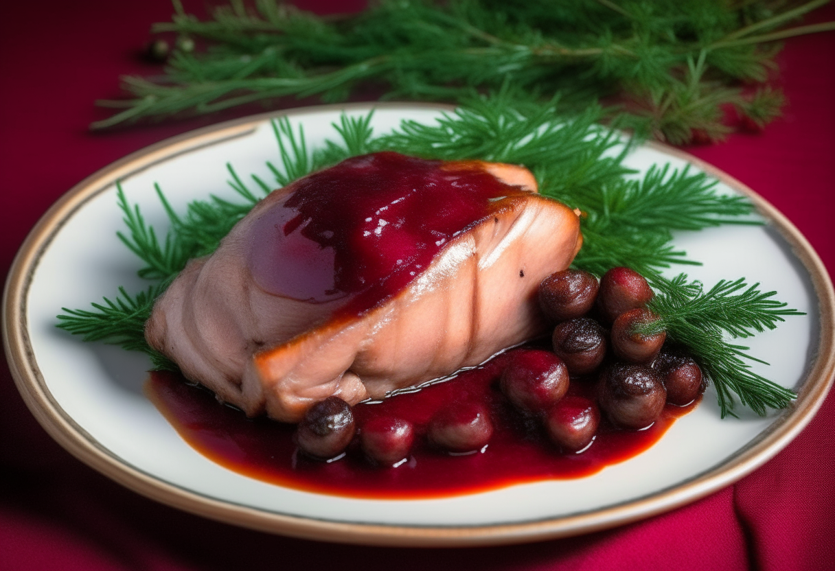 Tender pork and crimson cranberry sauce on a plate with an American flag backdrop and rosemary garnish