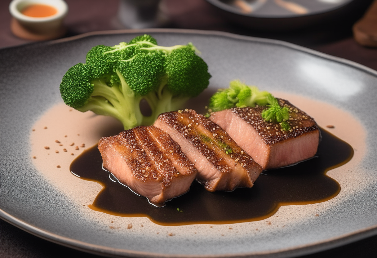 A rustic American plate with tender pork and broccoli florets, subtle stars and stripes motifs, sesame seeds and savory sauce