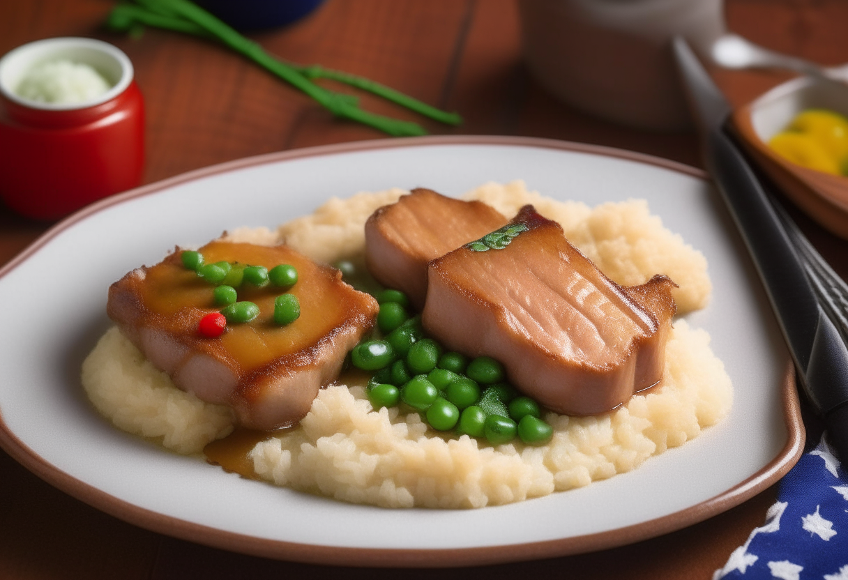 A rustic American plate with tender pork, rice, bell peppers and peas, subtle stars and stripes motifs